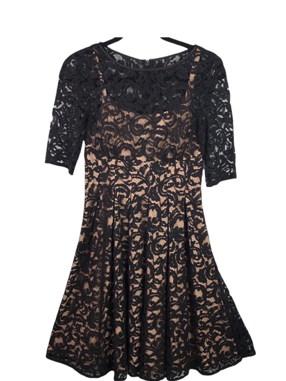 Adrianna Papell Black Lace Overlay with Nude Lining Midi Dress